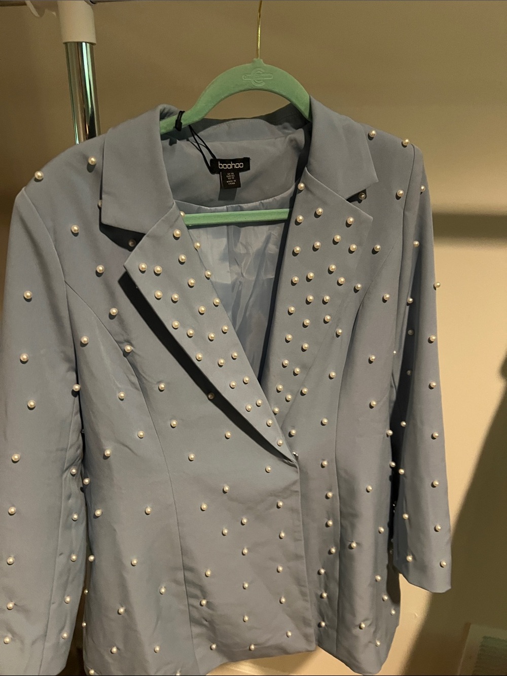 Women's Light Blue Pearl-Embellished Blazer Jacket